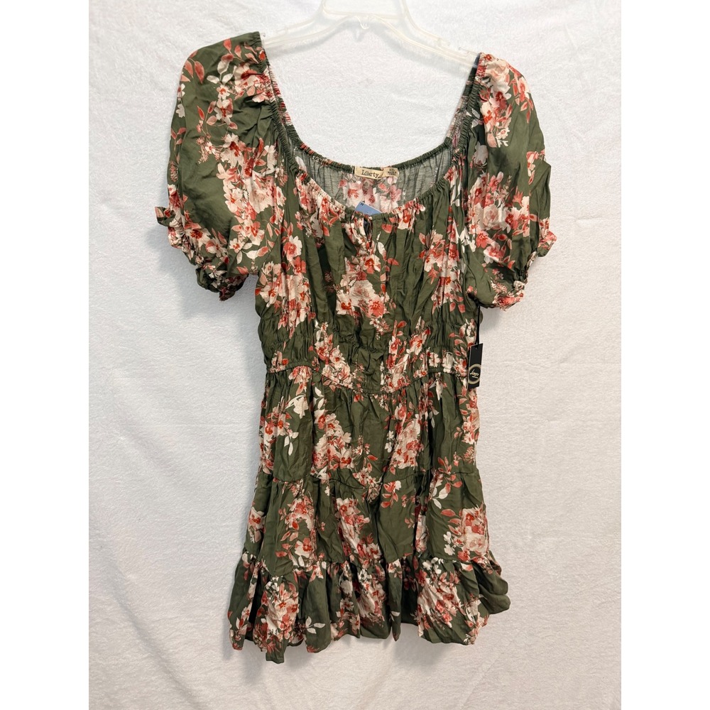 Liberty Love Olive Green Floral Smocked Mini Dress Puff Sleeve 2XL NWT